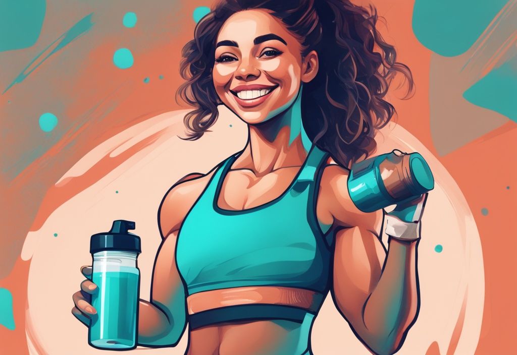 Illustrazione digitale moderna di una donna in forma con abbigliamento sportivo che sorride e tiene uno shaker con bevanda proteica, simbolo di proteine in polvere per la perdita di peso femminile, tema principale color teal.