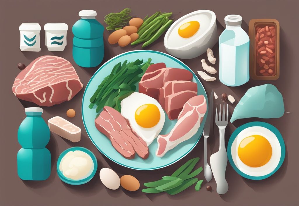 Illustrazione digitale moderna con tema colorato in teal, raffigurante fonti di proteine come carne magra, pollame, pesce, legumi, uova e latticini, con contenuto proteico indicato, organizzate in un piano alimentare bilanciato per un apporto giornaliero ottimale di 60 grammi di proteine.