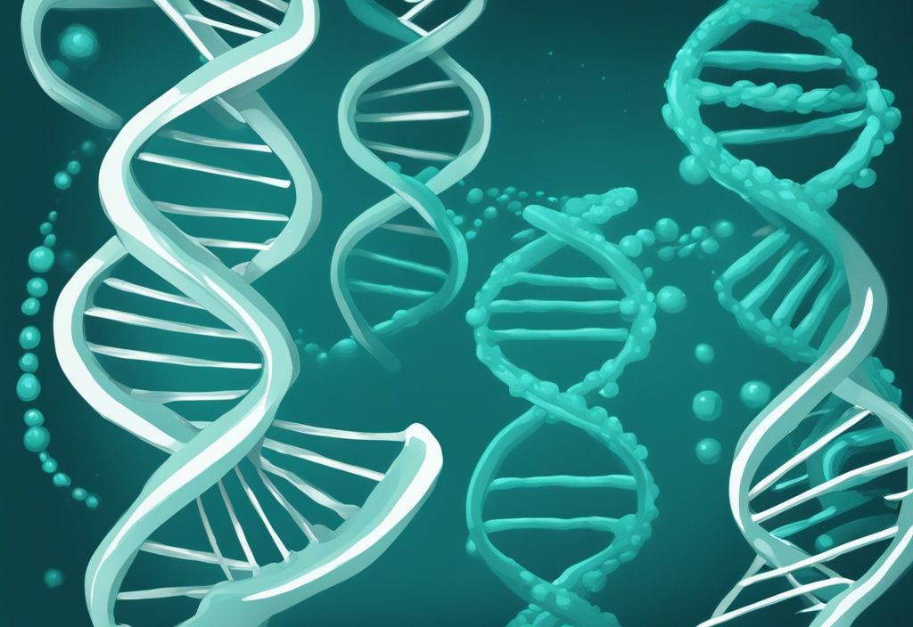 Illustrazione digitale moderna del processo di sintesi proteica con DNA, mRNA, ribosoma e proteina neoformata, tema colore teal