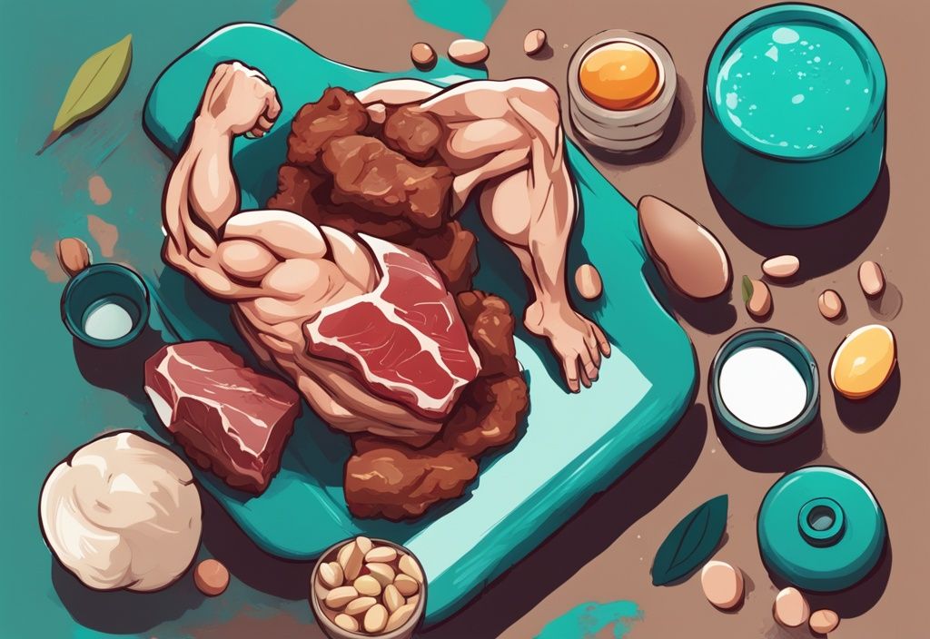 Illustrazione digitale moderna con tema principale color teal, che mostra cibi ad alto contenuto proteico come uova, carne e fagioli, accanto a un braccio muscoloso che tiene un manubrio, meglio proteine o aminoacidi per aumentare massa.