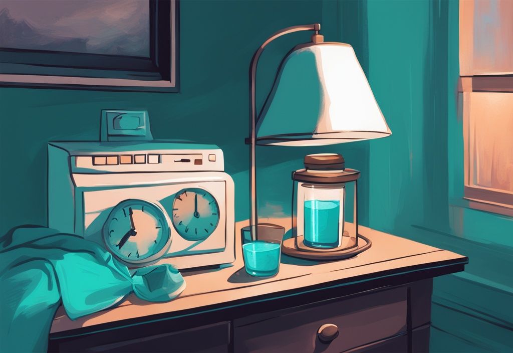 Illustrazione digitale moderna con tema principale color teal: comodino con una porzione di proteine in polvere, un bicchiere d'acqua e un orologio che segna ore notturne.