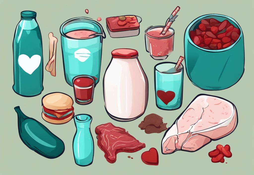 Illustrazione digitale moderna con tema principale color teal, che mostra cibi ricchi di proteine come carne rossa, latticini e frullati proteici da un lato, e metafore visive per effetti collaterali come gonfiore, danni ai reni e problemi cardiaci dall'altro.