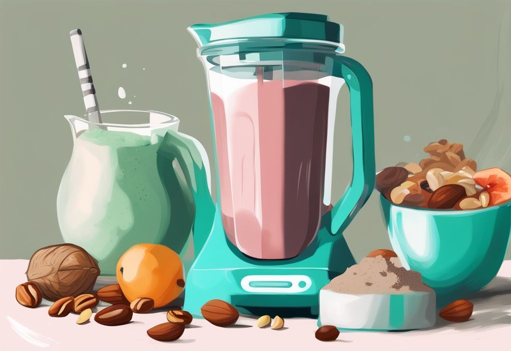 Illustrazione digitale moderna con tema colore teal, un misurino di proteine in polvere versato in un frullatore con frutta e noci, con sovrapposizione che mostra il conteggio delle calorie.