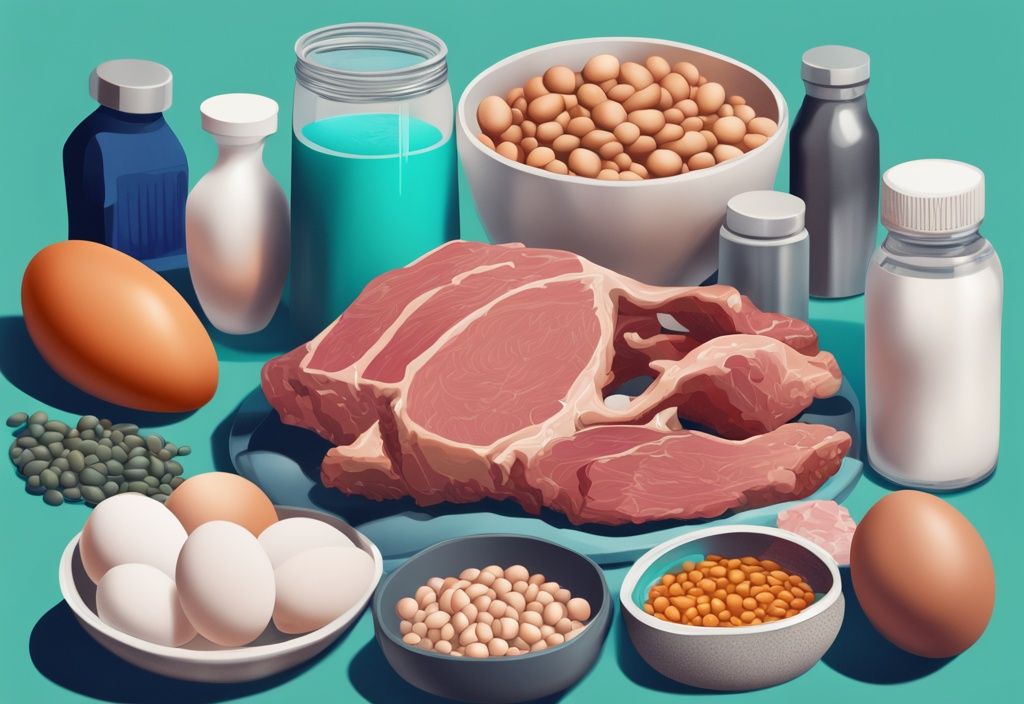 Illustrazione digitale moderna di alimenti ricchi di proteine come uova, carne e lenticchie, con integratori di aminoacidi colorati, disposti attorno a un braccio muscoloso, tema colore teal.