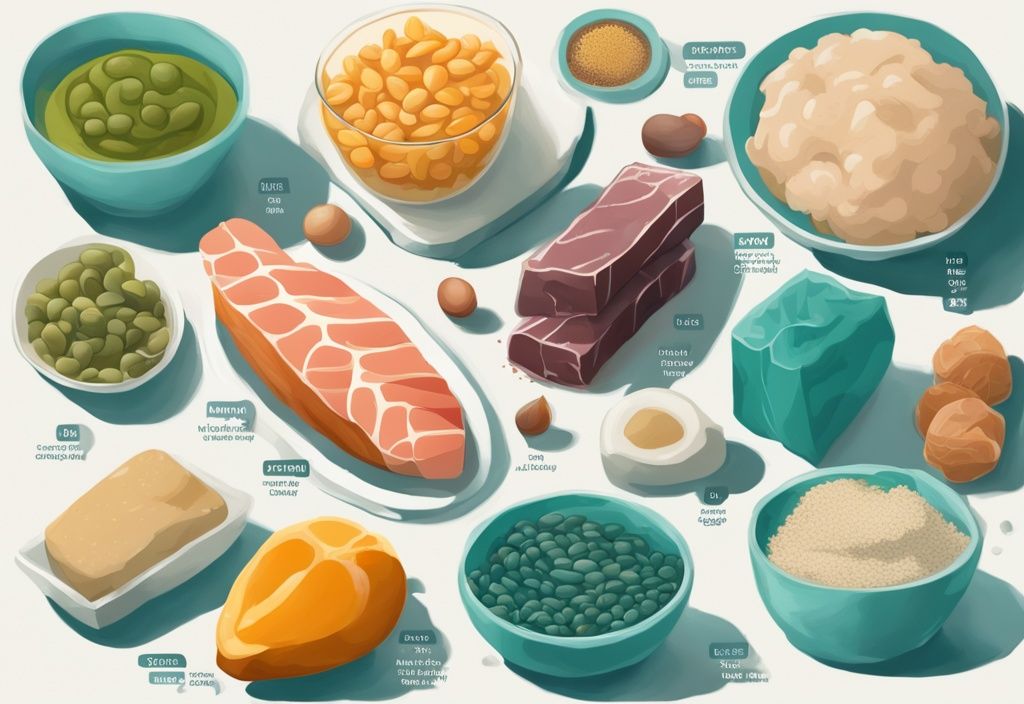 Illustrazione digitale moderna con tema principale color teal, vari alimenti classificati e etichettati per gruppo nutriente: proteine, carboidrati, grassi.