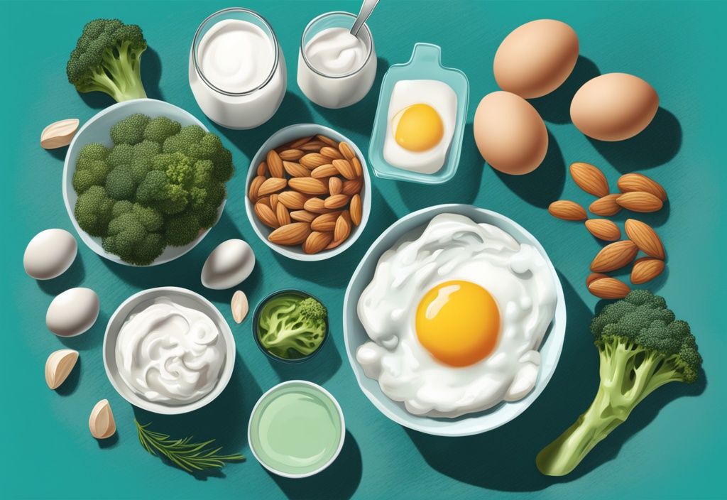 Illustrazione digitale moderna di cibi ad alto contenuto proteico e basso contenuto di carboidrati, tra cui pollo magro, uova, yogurt greco, broccoli e mandorle, su sfondo color teal.