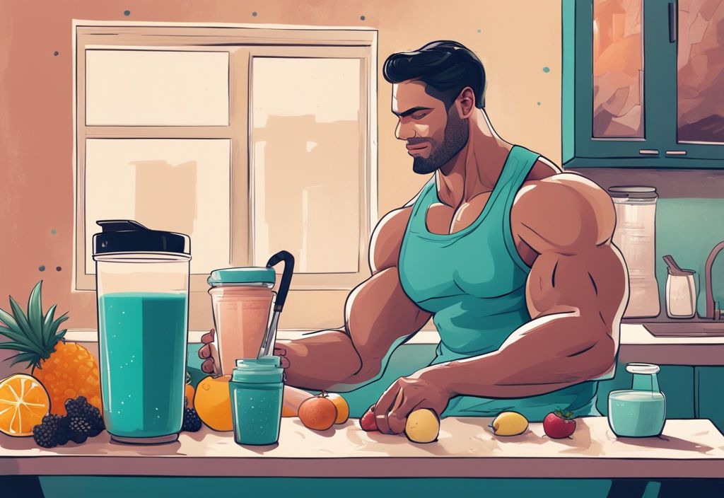 Illustrazione moderna di una persona muscolosa che prepara un frullato post-allenamento circondata da polveri proteiche, frutta e un frullato perfettamente miscelato, colore dominante teal.