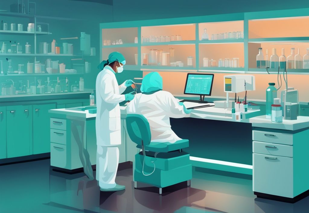 Tecnico di laboratorio esegue elettroforesi delle proteine del siero su un banco di laboratorio, illustrazione digitale moderna con tema colore teal