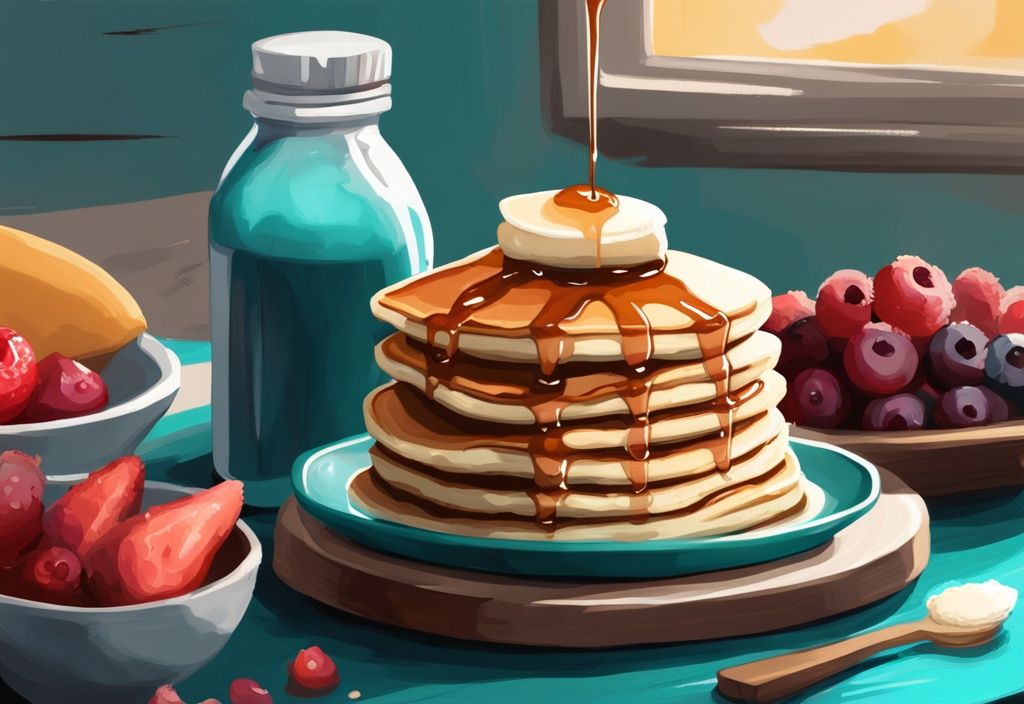 Illustrazione digitale moderna con pancake soffici e polvere proteica, su tavolo rustico con sciroppo d'acero e frutta fresca.