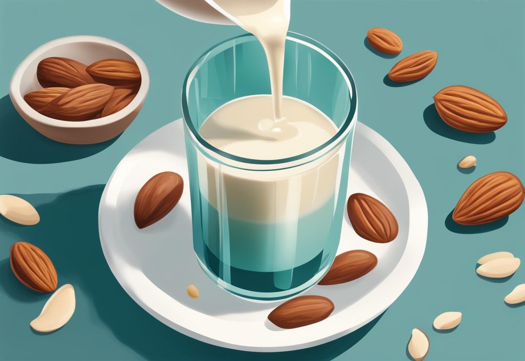 Illustrazione digitale moderna con tema principale in teal: una porzione di proteine in polvere senza lattosio color beige viene versata in un bicchiere di latte di mandorla, circondata da una varietà di noci e semi su un tavolo da cucina pulito.