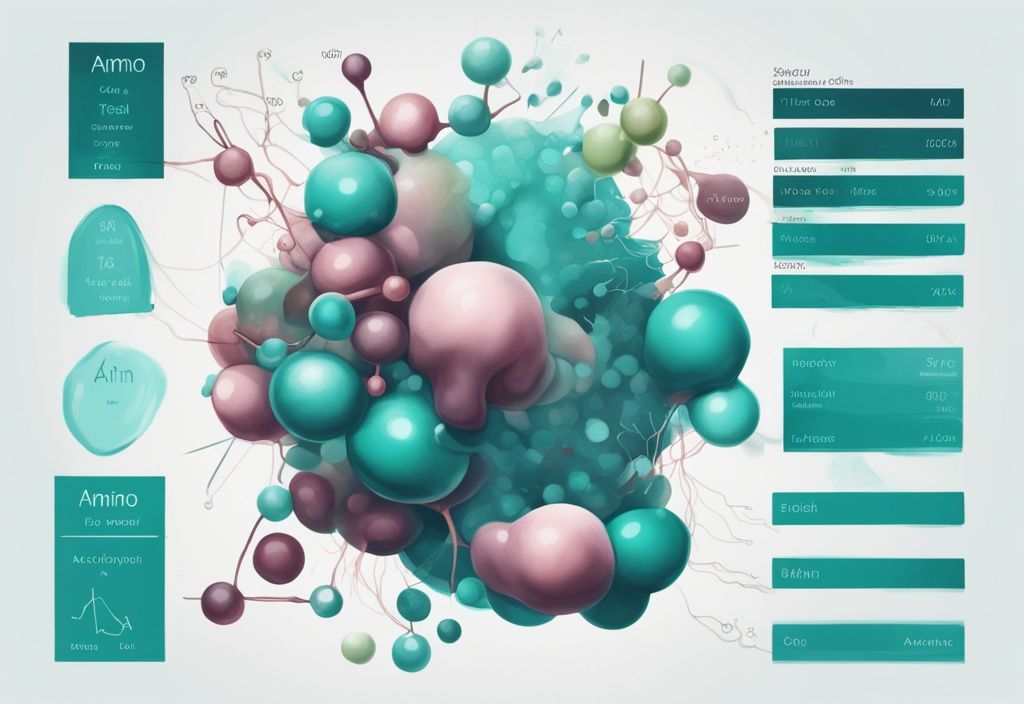 Illustrazione digitale moderna con tema colore teal, grafico che mostra la relazione tra amminoacidi essenziali e proteine corrispondenti.