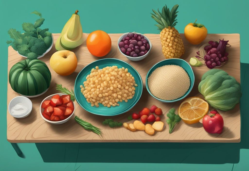 Illustrazione digitale moderna con tema principale color teal, cibi a basso contenuto proteico come frutta, verdura e cereali disposti ordinatamente su un tavolo di legno, proteine basse cosa mangiare.