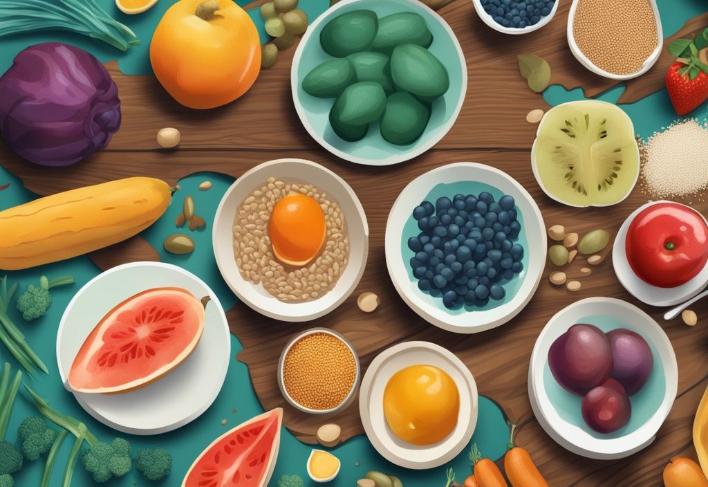 Illustrazione digitale moderna con tema principale color teal, che mostra una varietà di alimenti a basso contenuto proteico come frutta, verdura e cereali disposti ordinatamente su un tavolo di legno; proteine basse cosa mangiare.