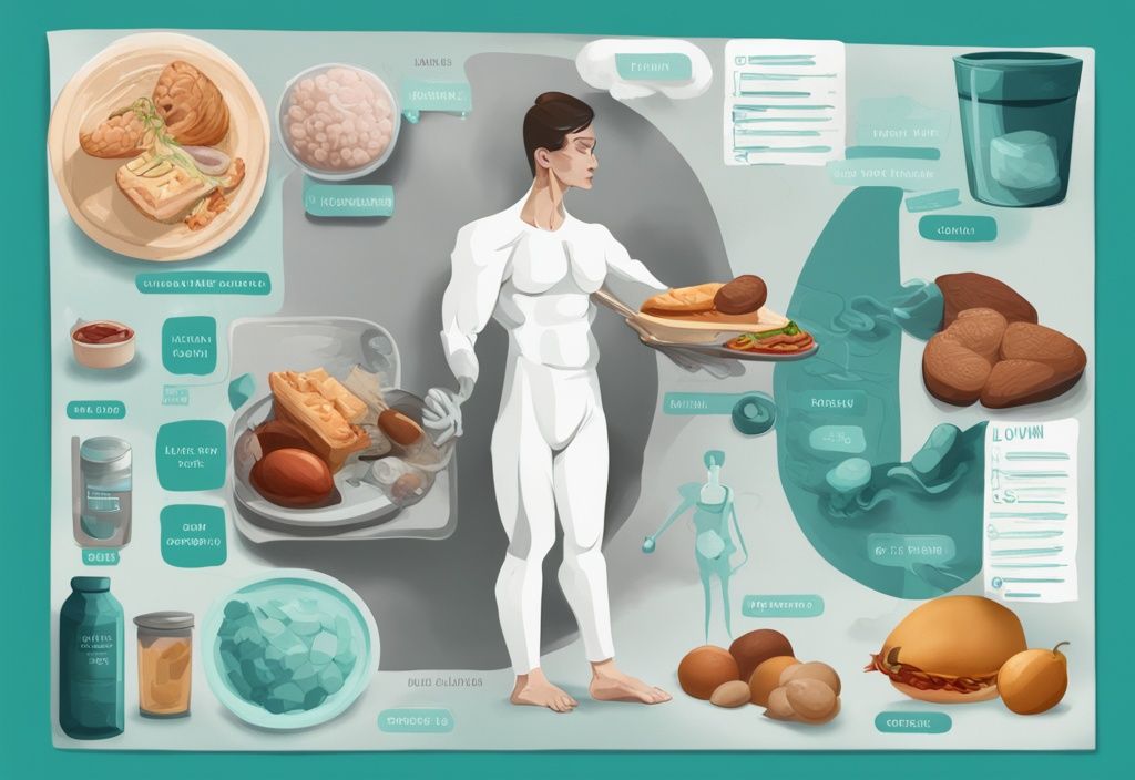 Illustrazione digitale moderna con tema principale color teal, raffigurante alimenti a basso contenuto proteico, una persona scrupolosa che studia un grafico informativo sulle proteine totali basse cause e sintomi causati da basse proteine totali nel corpo umano.