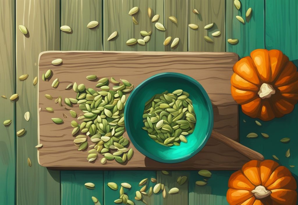 Illustrazione moderna di semi di zucca freschi sparsi su una superficie di legno con un cucchiaio di polvere proteica di semi di zucca verde.