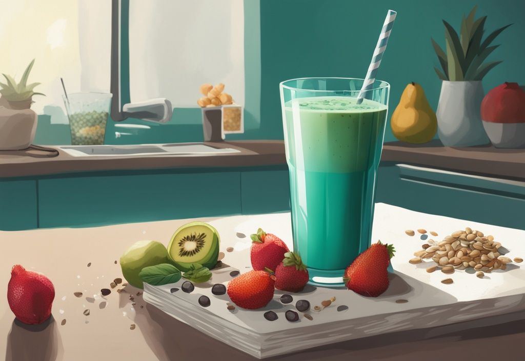 Illustrazione digitale moderna con tema principale color teal, bicchiere alto di smoothie proteico fatto in casa con frutta fresca e semi accanto agli ingredienti naturali.