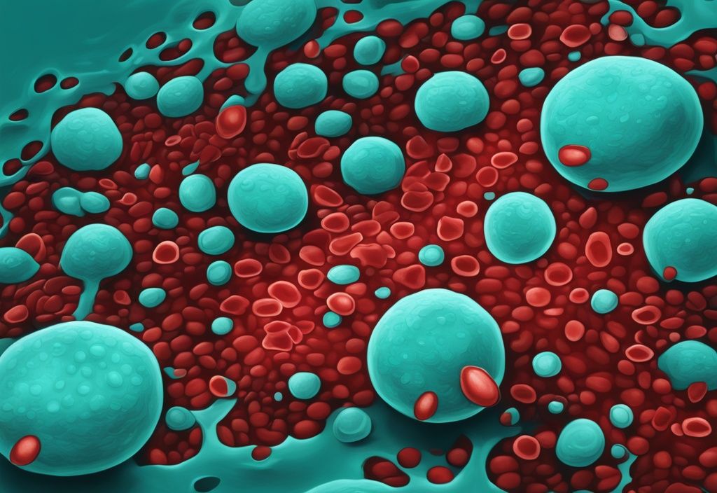 Illustrazione digitale moderna di cellule del sangue con proteine alte nel sangue evidenziate in contrasto, tema colore teal.