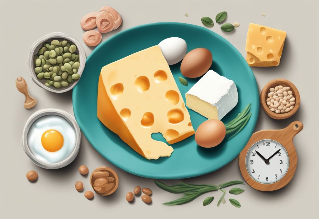 Illustrazione digitale moderna con tema principale in teal che mostra cibi ricchi di proteine a lento rilascio come formaggio, pollo, uova e legumi, con piccole icone di orologi per rappresentare il rilascio graduale di proteine.