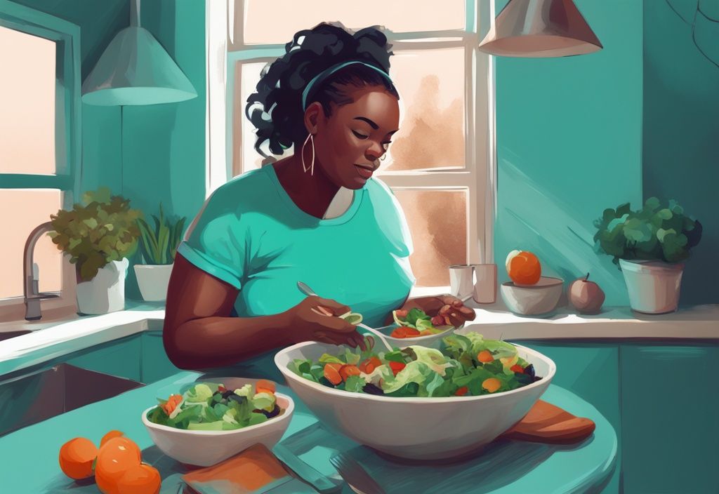 Illustrazione digitale moderna di una persona in forma che mangia un'insalata proteica, simbolo di un percorso di successo nella perdita di peso, tema colore principale teal