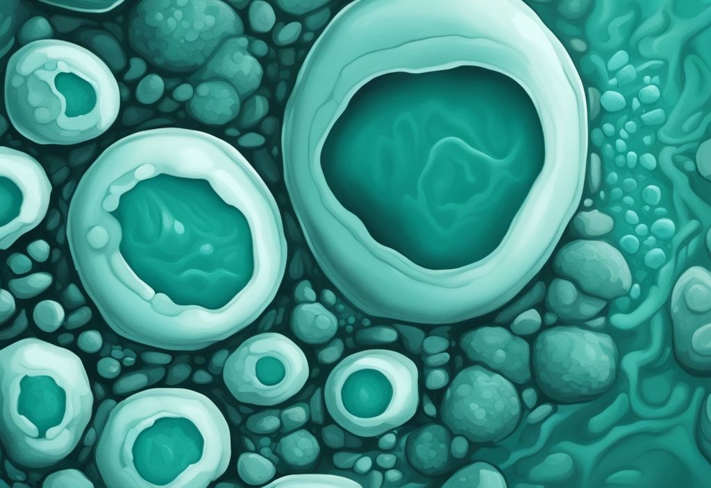 Illustrazione moderna di pittura digitale con tema principale color teal, che mostra viste microscopiche di proteine idrolizzate e isolate, enfatizzando le loro texture e strutture distintive.