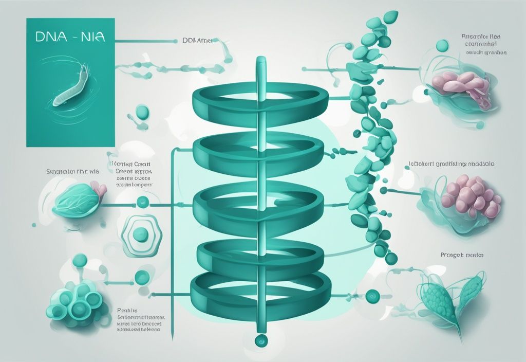 Illustrazione digitale moderna con tema principale in teal che mostra una spiegazione semplice della sintesi delle proteine, dal DNA all'mRNA alla proteina.