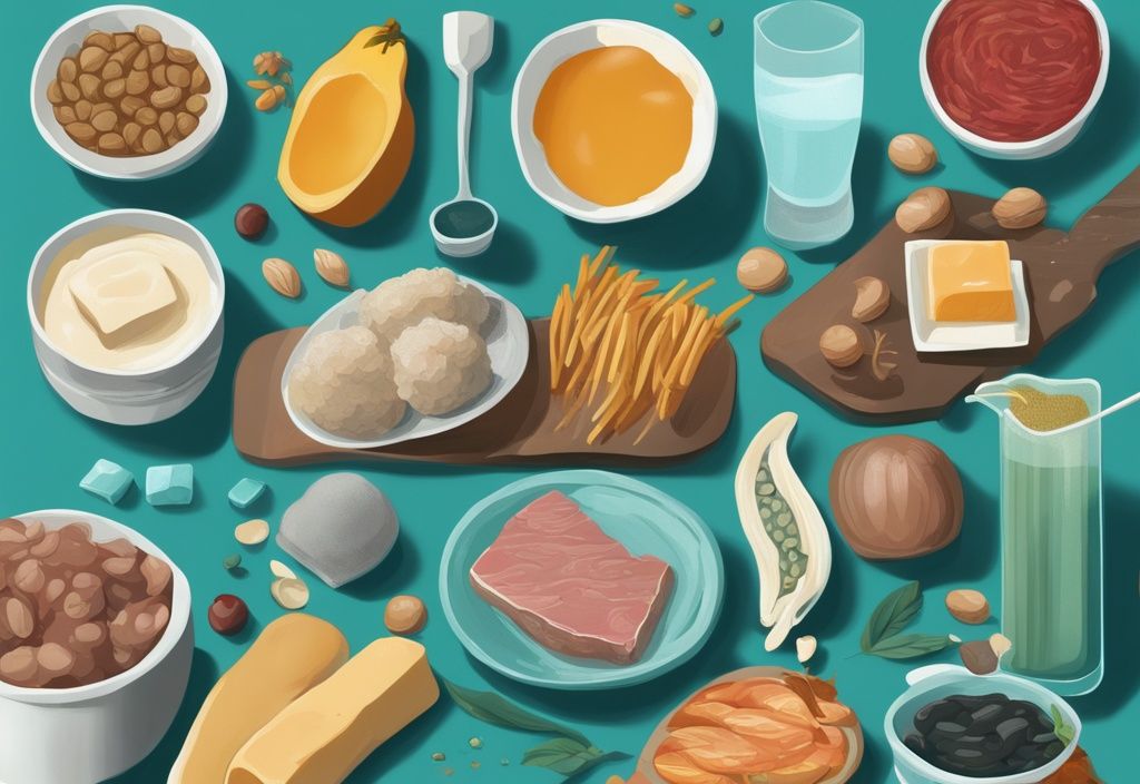 Illustrazione digitale moderna con tema principale color teal, che mostra vari alimenti classificati e etichettati secondo il loro gruppo principale di nutrienti: proteine, carboidrati o grassi.