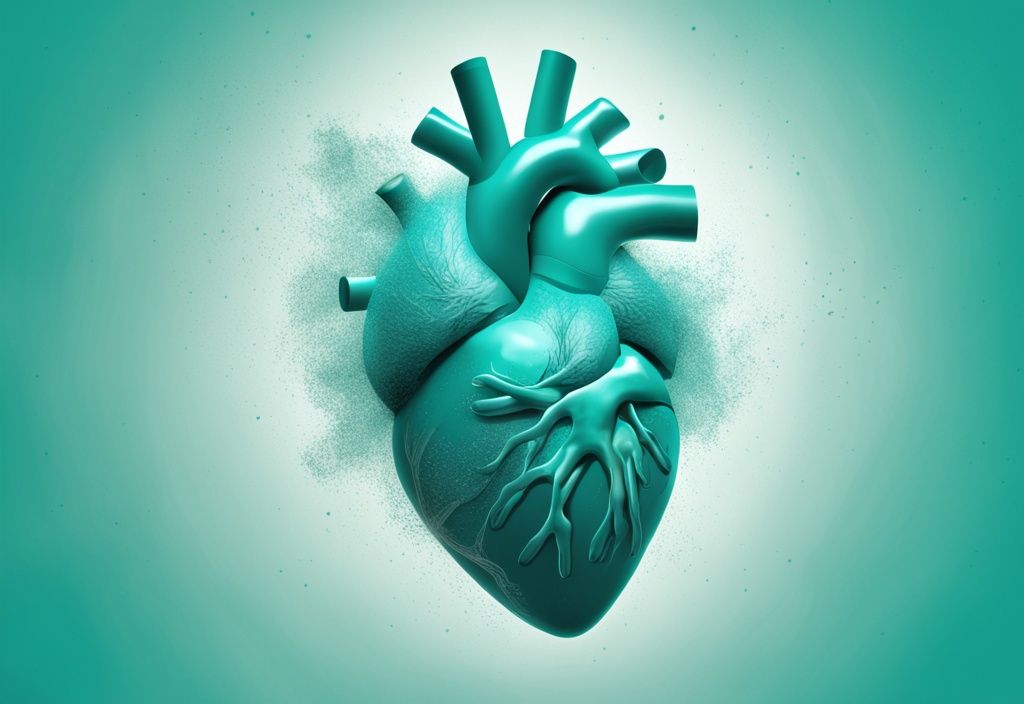 Illustrazione digitale moderna con tema principale color teal, cuore umano con particelle di proteine in polvere che vorticano intorno, che illustrano i potenziali effetti sulla salute.