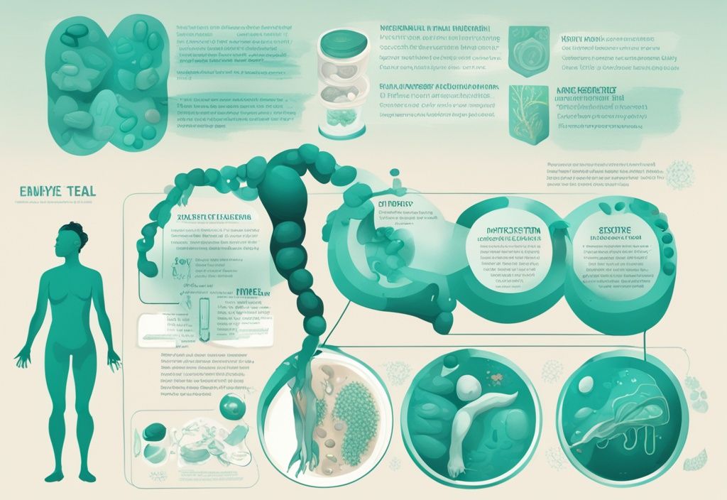 Illustrazione digitale moderna che mostra un'infografica sulla digestione delle proteine nel corpo umano, con dettagli sui vari stadi ed enzimi coinvolti, tema colore teal.