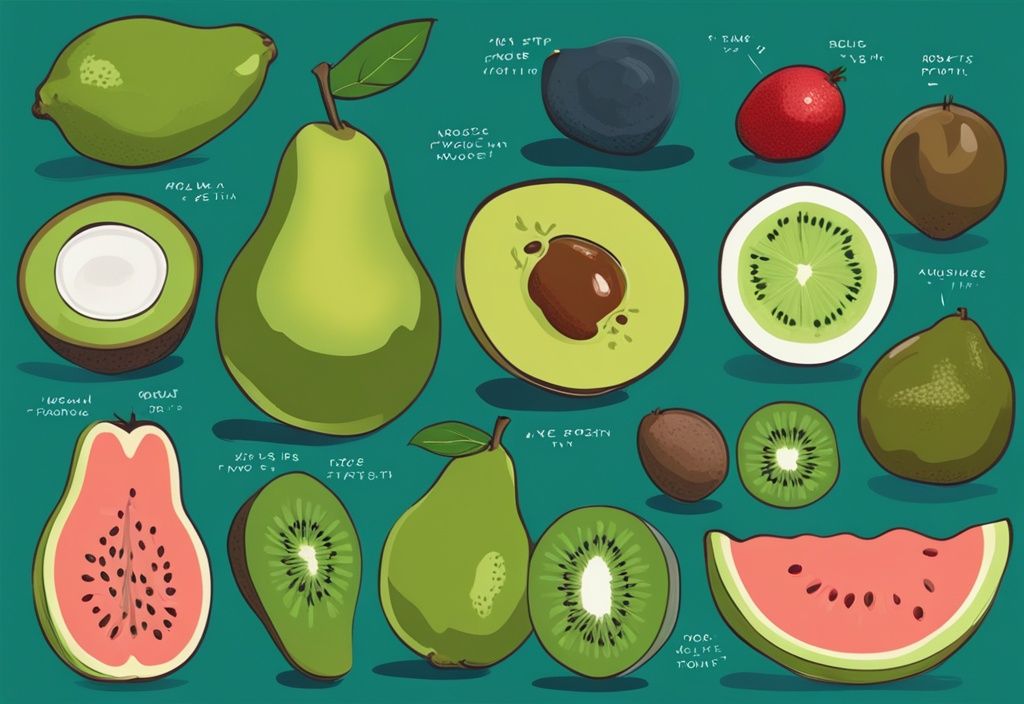 Illustrazione digitale moderna di frutta ricca di proteine come guava, avocado e kiwi con valori proteici indicati, tema colore teal.