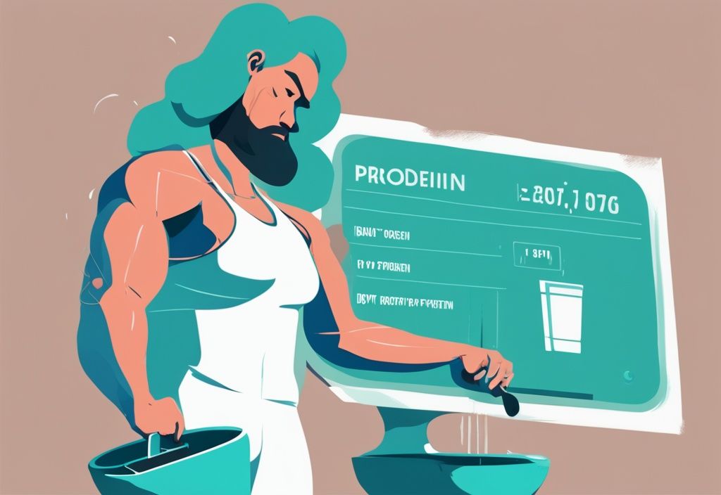 Illustrazione digitale moderna con tema principale color teal, raffigurante un individuo su una bilancia che mostra 70 kg, con in mano una porzione di proteine in polvere e un grafico sull'assunzione ideale di proteine, peso 70 kg quante proteine devo assumere.