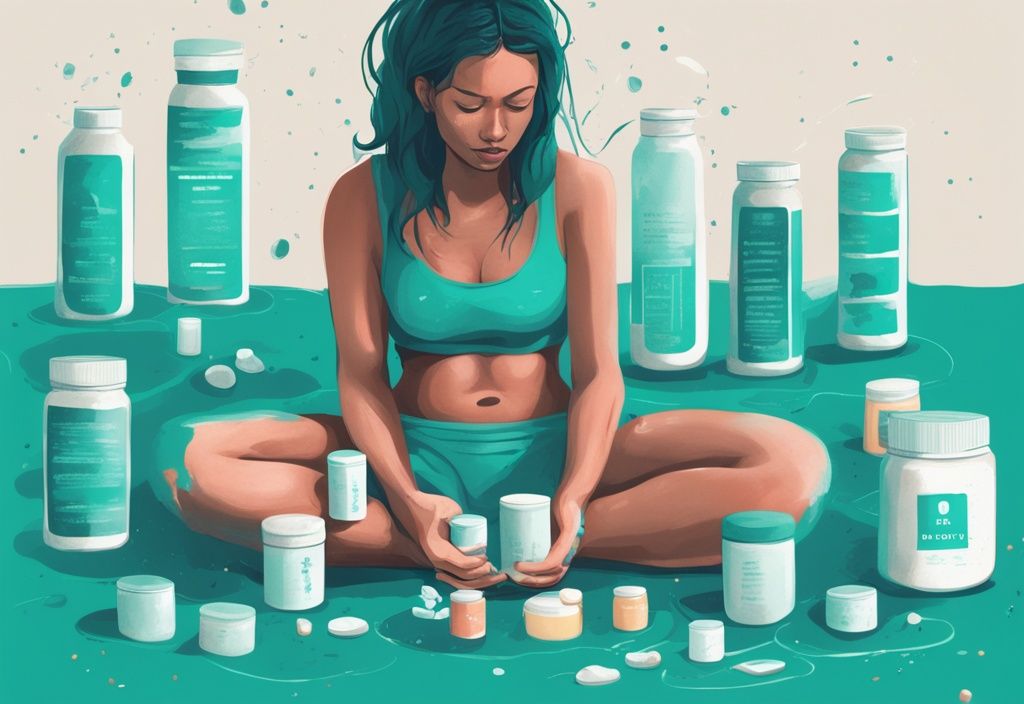 Illustrazione digitale moderna con tema principale color teal, persona stressata circondata da contenitori vuoti di integratori proteici e vari effetti collaterali simbolici come eruzioni cutanee, stomaco gonfio e reni con linee di stress, eccesso di proteine effetti collaterali.