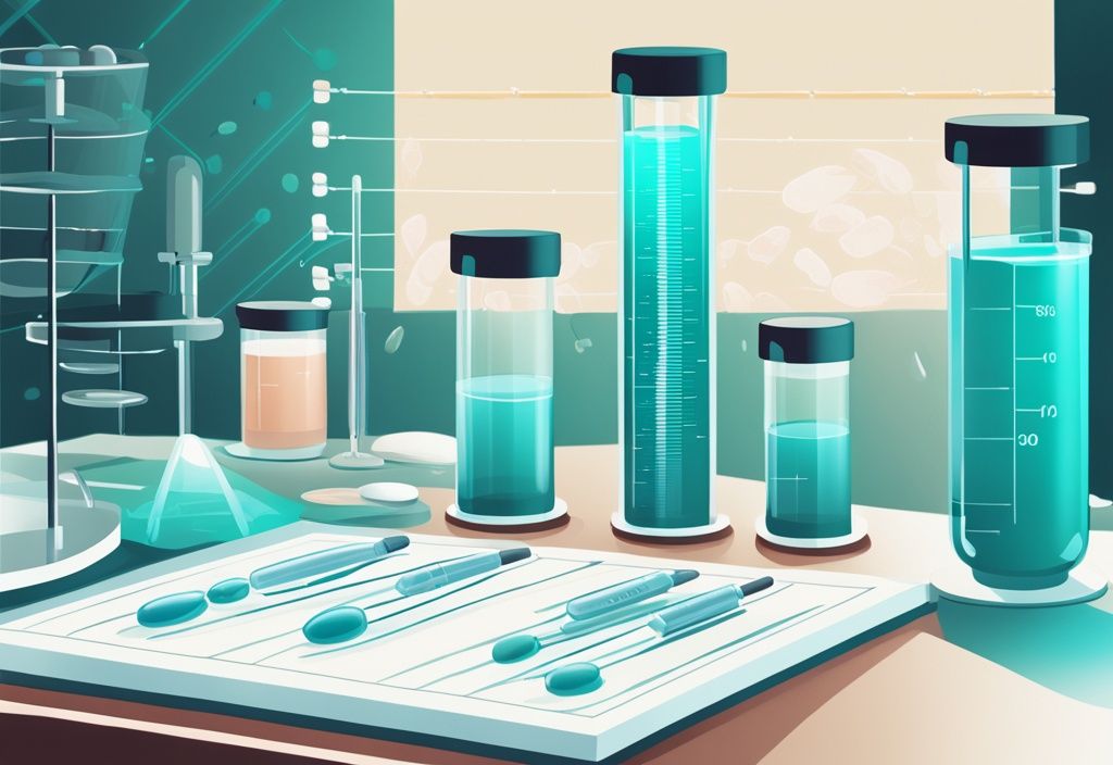 Illustrazione digitale moderna con tema principale color teal, raffigurante un grafico con bande proteiche da un test di elettroforesi delle proteine sieriche, con gel su tavolo da laboratorio accanto ad attrezzature scientifiche come provette e pipetta.