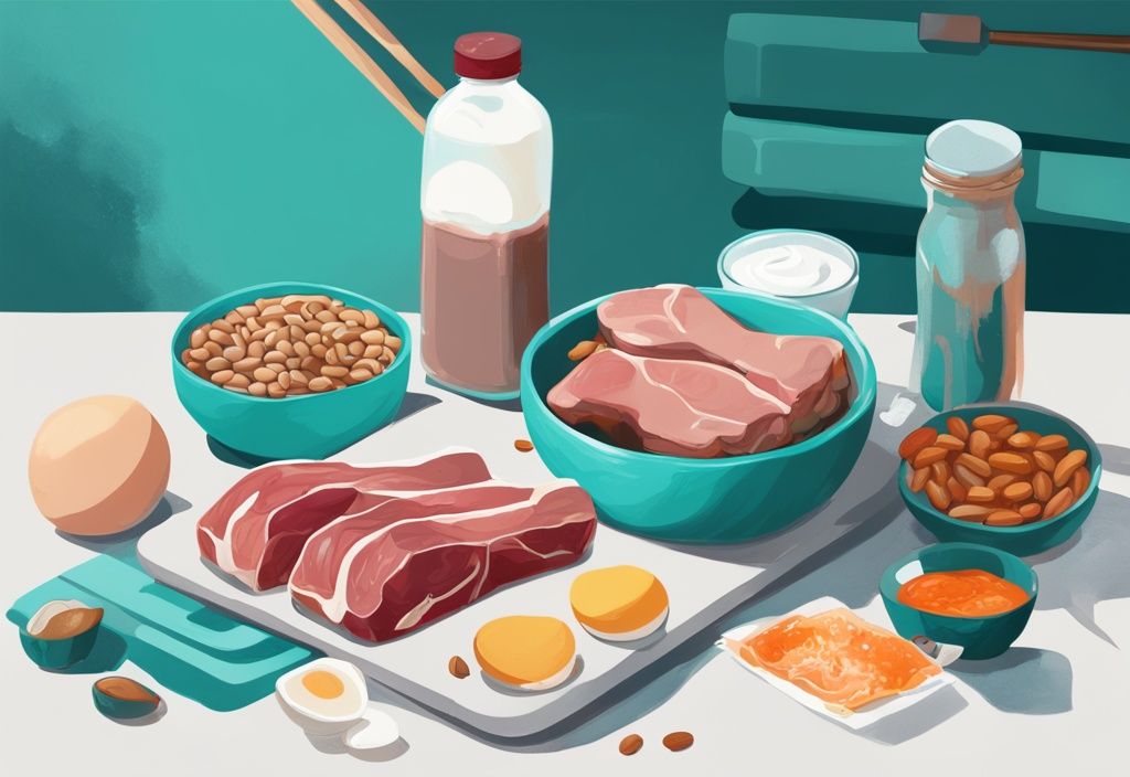 Illustrazione digitale moderna con tema principale color teal, raffigurante alimenti ricchi di proteine per muscoli come carni magre, pesce, uova, yogurt, fagioli e noci in un ambiente da palestra con manubri e bande di resistenza sullo sfondo.