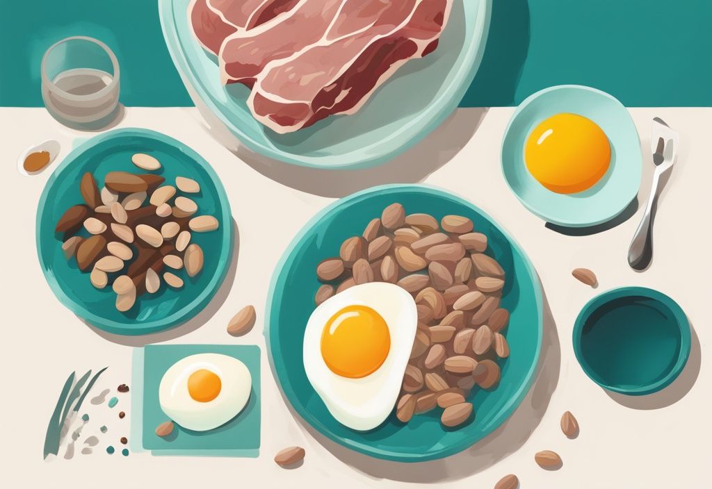 Illustrazione digitale moderna con alimenti ricchi di proteine come uova, carne, fagioli e noci, misurati visivamente secondo le quantità giornaliere raccomandate su una tavola, tema principale colore teal, quante proteine assumere al giorno.