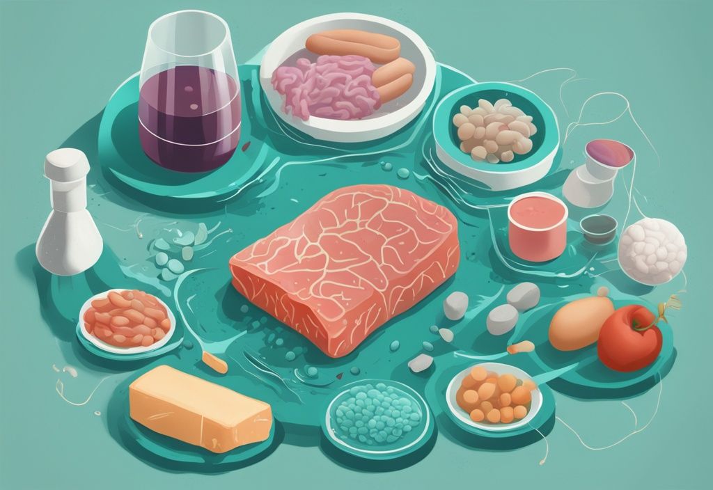 Illustrazione moderna della digestione delle proteine, con cibo ricco di proteine scomposto in amminoacidi nel sistema digestivo umano, tema colore teal.