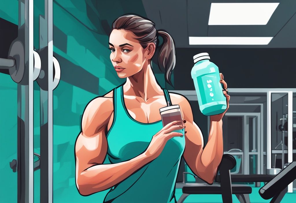 Illustrazione digitale moderna con tema principale color teal, individuo in abbigliamento da palestra che tiene uno shaker con proteine in polvere, orologio sul muro della palestra che mostra l'ora post-allenamento, quando prendere le proteine in polvere.