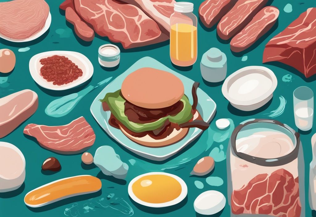 Illustrazione digitale moderna con tema colorato in teal che mostra una persona che esagera con cibi ricchi di proteine come carne e uova, con grafici sovrapposti che rappresentano sintomi comuni come nausea, gonfiore e stress renale.