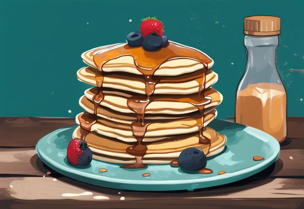 Illustrazione digitale moderna di una pila di soffici pancake con una spolverata di proteine in polvere, su un tavolo di legno rustico con una bottiglia di sciroppo d'acero e una ciotola di frutta fresca sul lato, tema colore principale teal.