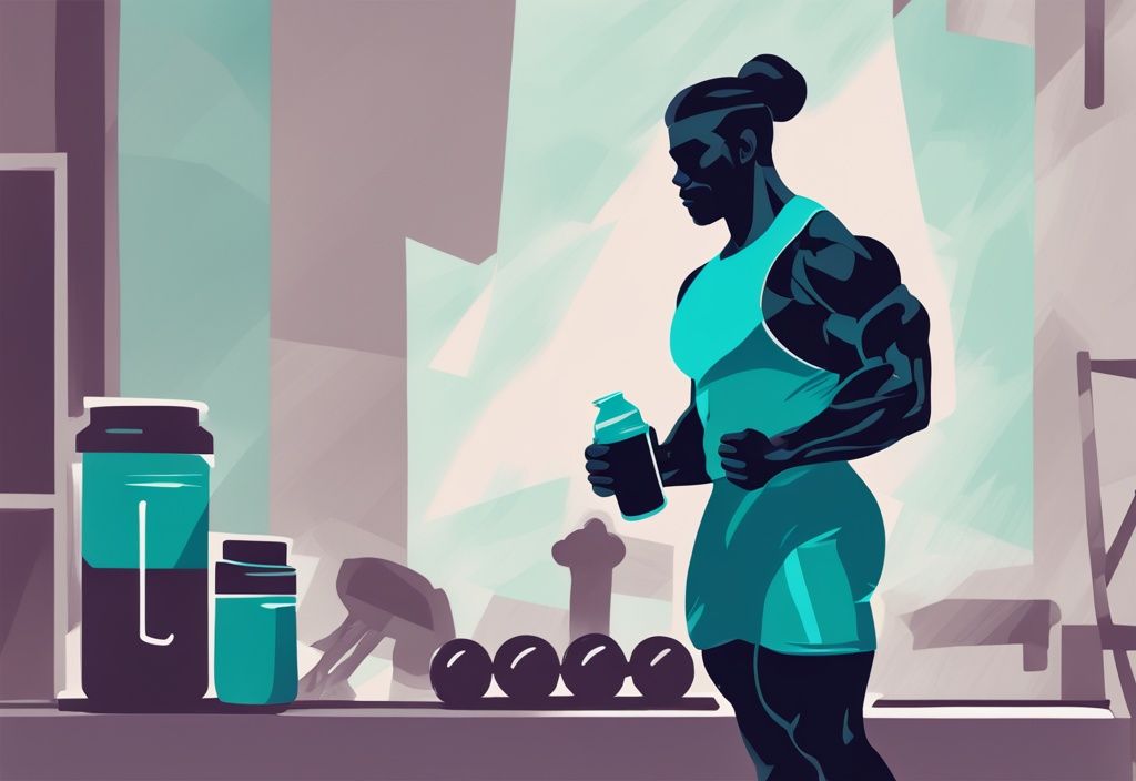 Illustrazione digitale moderna con silhouette di persona in forma che tiene un frullato proteico e pesi da palestra, tema principale color teal, esercizio quotidiano e consumo di proteine.