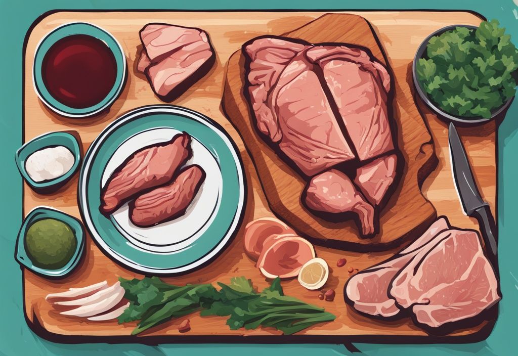 Illustrazione digitale moderna con tema principale color teal, raffigurante tagli di carne magra come petto di pollo, manzo magro e pesce su un tagliere, con icone che indicano l'alto contenuto proteico, carne con più proteine.