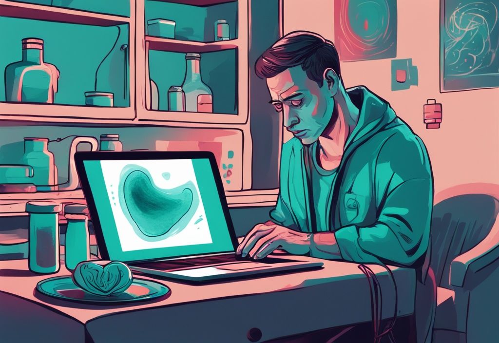 Illustrazione digitale moderna con tema colore teal, persona preoccupata che ricerca su un laptop con proteine in polvere sul tavolo e grafico stilizzato di un rene sullo sfondo, le proteine in polvere fanno male ai reni.