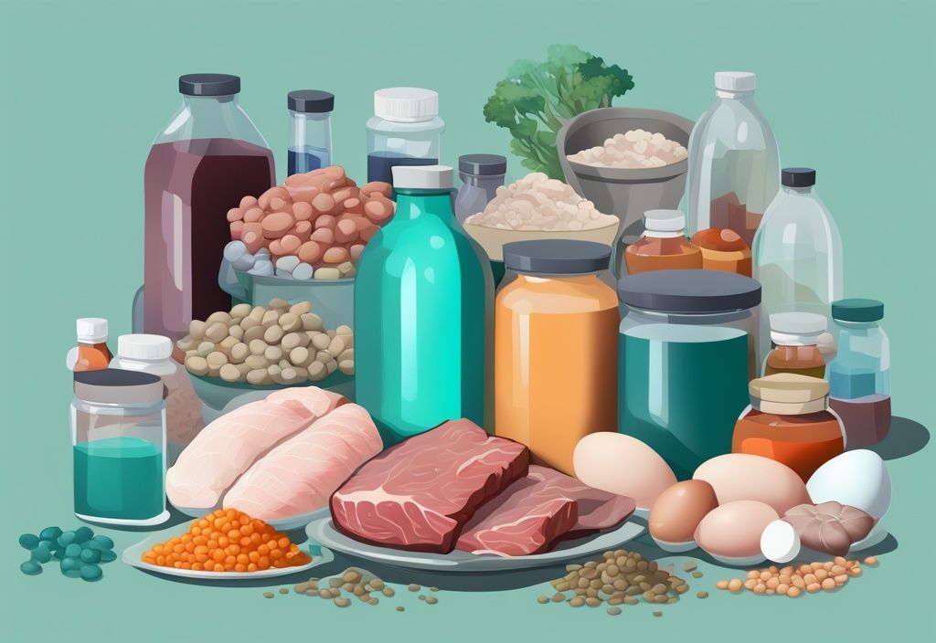 Illustrazione digitale moderna di cibi ricchi di proteine come uova, carne e lenticchie con integratori di amminoacidi colorati attorno a un braccio muscoloso, tema principale color teal.