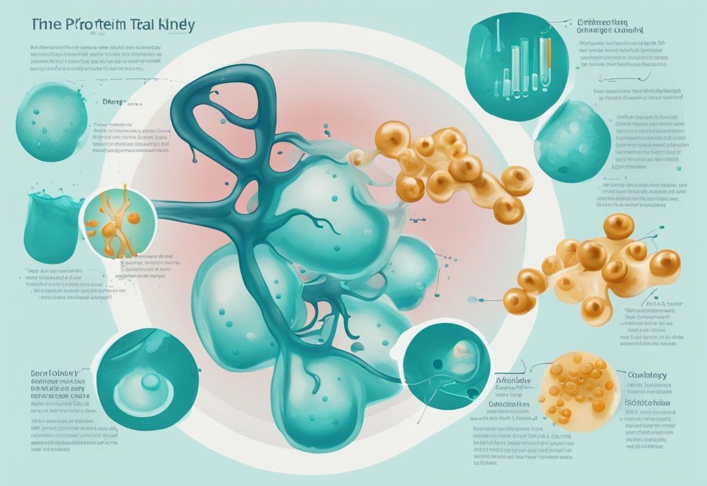 Illustrazione digitale moderna che mostra il processo di perdita di proteine nelle urine a causa di danni ai reni, con elementi visivi che rappresentano reni, molecole di proteine e urina, tema principale colore teal.