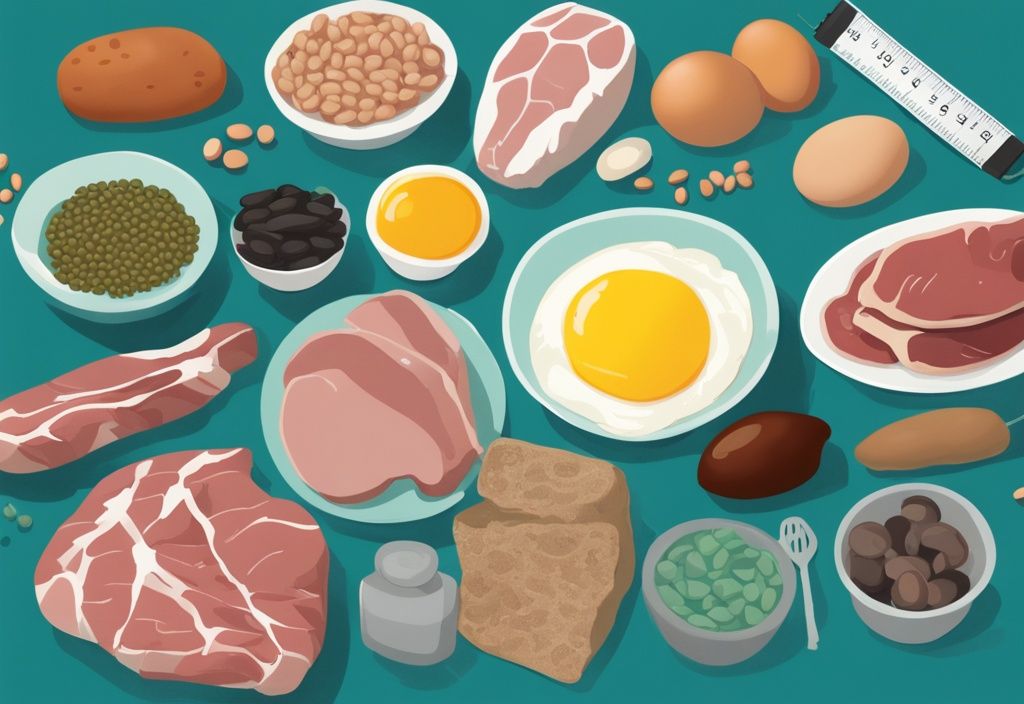 Illustrazione digitale moderna di cibi ad alto contenuto proteico come carne, uova e legumi, con un metro a nastro che circonda il cibo, suggerendo la connessione tra proteine e aumento di peso, tema colore teal.