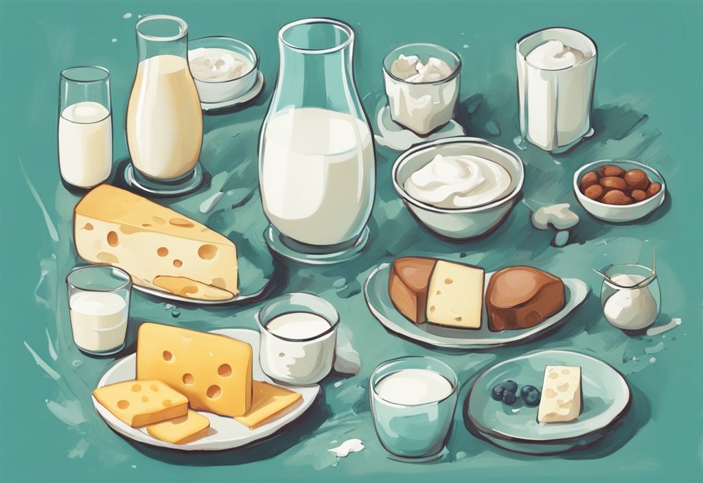 Illustrazione moderna di una pittura digitale con tema principale color teal, mucche che pascolano, bicchiere di latte, prodotti lattiero-caseari come formaggio e yogurt, e immagini di cibi ricchi di proteine del latte dove si trovano.