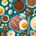 Illustrazione digitale moderna con tema colore teal, che mostra una selezione di alimenti ricchi di proteine come uova, carne, fagioli e noci, misurati visivamente secondo le quantità giornaliere raccomandate, quante proteine assumere al giorno.