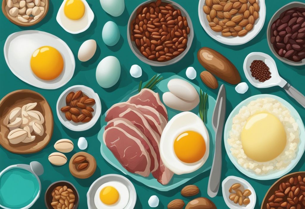 Illustrazione digitale moderna con tema colore teal, che mostra una selezione di alimenti ricchi di proteine come uova, carne, fagioli e noci, misurati visivamente secondo le quantità giornaliere raccomandate, quante proteine assumere al giorno.