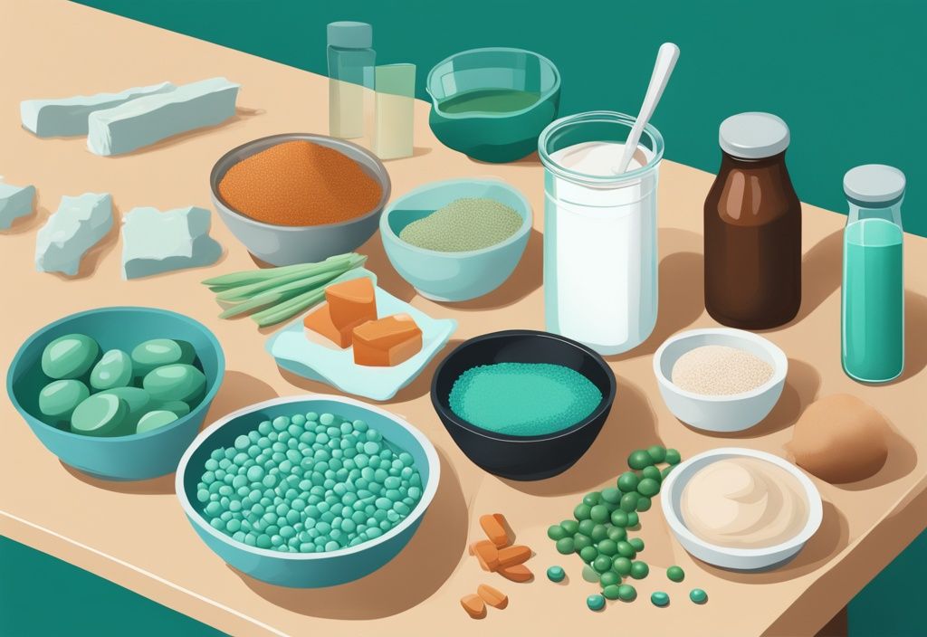 Illustrazione digitale moderna con tema colorato in teal che mostra varie forme di proteine isolate come polvere e barrette, insieme a fonti alimentari come latte, soia e piselli su un piano di lavoro da cucina ordinato. Proteine isolate cosa sono.