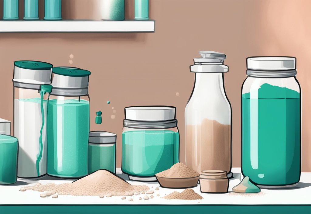 Illustrazione digitale moderna del processo di produzione della polvere proteica con ingredienti grezzi come siero di latte, additivi e aromi, e prodotto finale confezionato, tema colore teal.