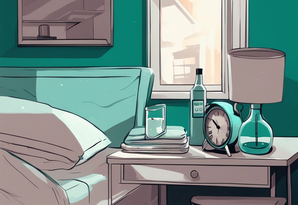 Illustrazione digitale moderna con tema principale color teal: comodino con una porzione di proteine in polvere, un bicchiere d'acqua e un orologio che segna le ore tarde.